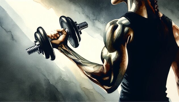 The image features a watercolor-style artwork of a focused woman lifting a dumbbell, showcasing strength and determination.
