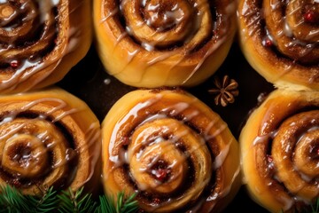 Fototapeta premium Cinammon roll buns on oven tray. Baking classic traditional pastry sweet food. Hygge and Lykke concept.