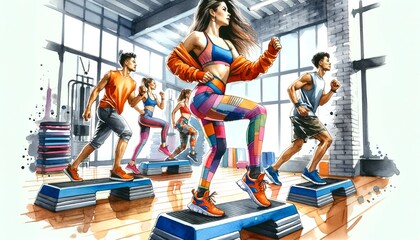 The image is a vibrant watercolor-style illustration of a group fitness step class in a gym with...