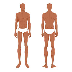 Male fashion dark skin model standing, front, and back views. Nine-head fashion figure template. Handsome young man, vector illustration. Man fashion colored croquis 
