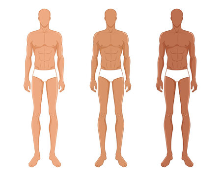 Male fashion model posing. Nine-head fashion figure template. Handsome young man, vector illustration. Man fashion colored croquis with different skin tones.