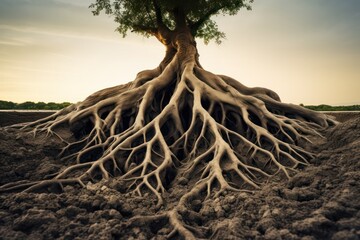roots of a big tree closeup background. Shallow root system. - obrazy, fototapety, plakaty