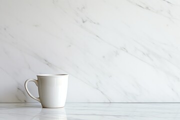 white mug mock up on minimal light gray marble background. Space for logo or print design mockup...