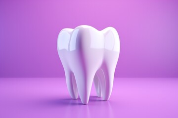 white ceramic tooth 3d render model on fluorescent lilac purple background. Dentist clinic poster or website banner with copy space.