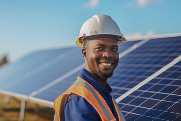 Portrait of african american engineer in solar cells farm. - obrazy, fototapety, plakaty