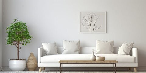 Living room interior with poster frame, white sofa, pouf, coffee table, branch vase, rack, and silver accessories. Home decor template.