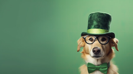 Dog wear hat against green background , Saint Patrick day, A Lucky.