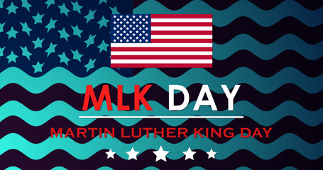 Martin Luther King Jr Day, MLK Day celebrate civil rights in US banner. Day of Service Concept of Unity and Equality graphic with national flag of USA patriotic African event liberty BG - obrazy, fototapety, plakaty
