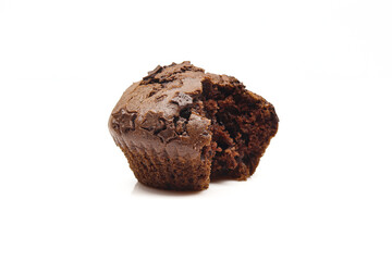 Bitten chocolate muffin isolated on white background