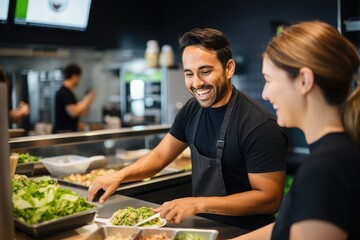 Fototapeta premium A picture of a fast-casual restaurant employee helping a customer with an order