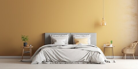 Golden bedroom against a pale grey wall.