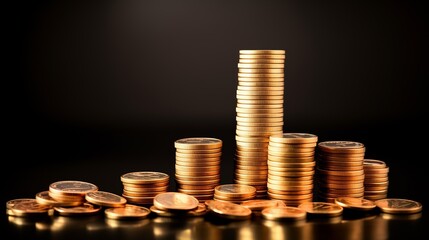 A gold coins stack on black background