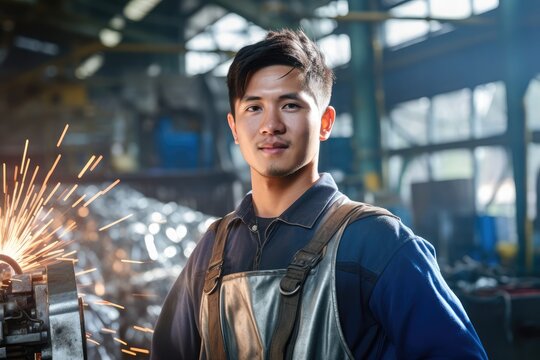 A shooting side Portrait of a young handsome clean adult experienced industrial Asian welding worker in industry machinery production line steel manufacturing workshop,
