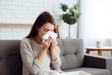 Woman hold napkin cover nose and sneezing, Flu, Un healthy, Cold, Covid 19, Long Covid Awareness Day, a World Tuberculosis Day