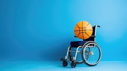 Kussenhoes A wheelchair with a basketball on it, isolated on a blue background, copy space  © Thuch