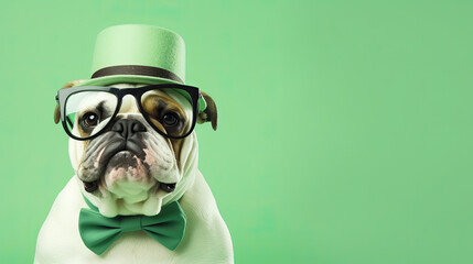 Bulldog wear hat against green background , Saint Patrick day, Lucky.