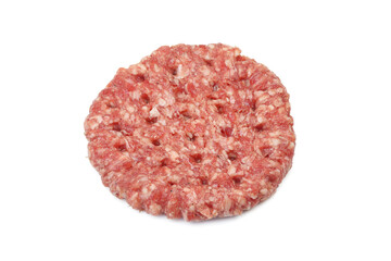 Single fresh beef patty isolated on white background. Minced burger meat
