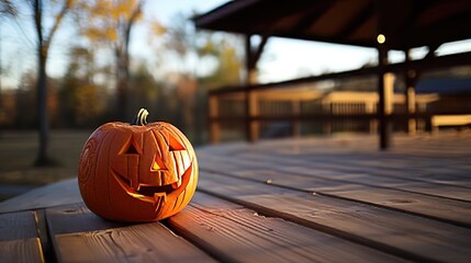 Close-up of a Carved Pumpkin sitting on a Wooden Porch During Halloween