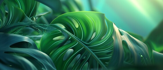 Wallpaper featuring the intricate details of a Monstera leaf in macro, showcasing the unique textures and vibrant green hues