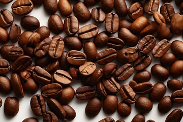 close-up shot of coffee beans on white background