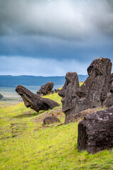 moais in the quarry of Rano Raraku, in Rapa Nui, Easter Island