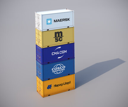 Stacked Containers of the five largest container shipping companies: A.P. Moeller-Maersk, Mediterranean Shipping Co (MSC), CMA CGM Group, Cosco Shipping, Hapag-Lloyd