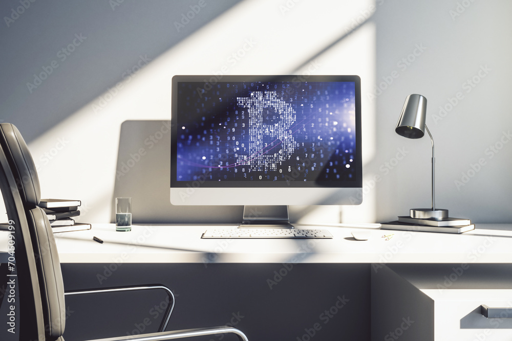 Poster creative bitcoin concept on modern laptop screen. 3d rendering