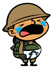 A Little Army with military equipment, crying while wearing baby diapers. Best for mascot, logo, and sticker with world war themes