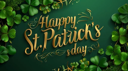 Foto op Plexiglas golden text proclaiming "Happy St. Patrick's Day" on a vibrant green background, surrounded by whimsical clovers, bringing a touch of fortune and luck © Laura
