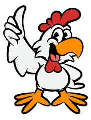 Cartoon illustration of White Rooster posing with thumbs up gesture with means delicious. Best for sticker, logo, and mascot for Fried chicken Restaurant or franchise business