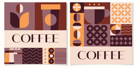 Coffee geometric posters in minimal retro style.International coffee day concept.Ideal for coffee shop,bakery,branding,decoration,cover design, decorative print, background.Vector illustration EPS 10