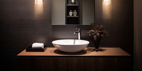 Fototapeta na wymiar Contemporary bathroom design with chic mirror and basin sink