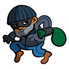 A Burglar wearing mask and beanie hat sneaking at night and carrying a bag of money. Best for mascot, logo, and sticker with security services themes