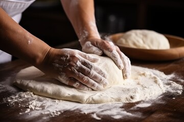 Bakery flour rolling hands prepare dough for pizza pasta food meal restaurant. - obrazy, fototapety, plakaty