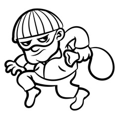 Obraz premium A Burglar wearing mask and beanie hat sneaking at night and carrying a bag of money. Best for outline, logo, and coloring book with security services themes