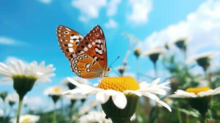Butterfly on flower, cloudy blue sky, clear focus, 4K, 8K