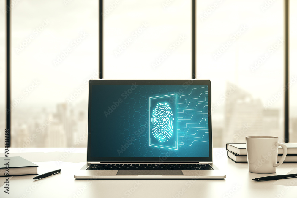 Poster Abstract creative fingerprint hologram on modern computer monitor, protection of personal information concept. 3D Rendering