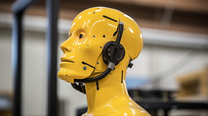 side view shot of the head and shoulders of a crash test dummy - obrazy, fototapety, plakaty