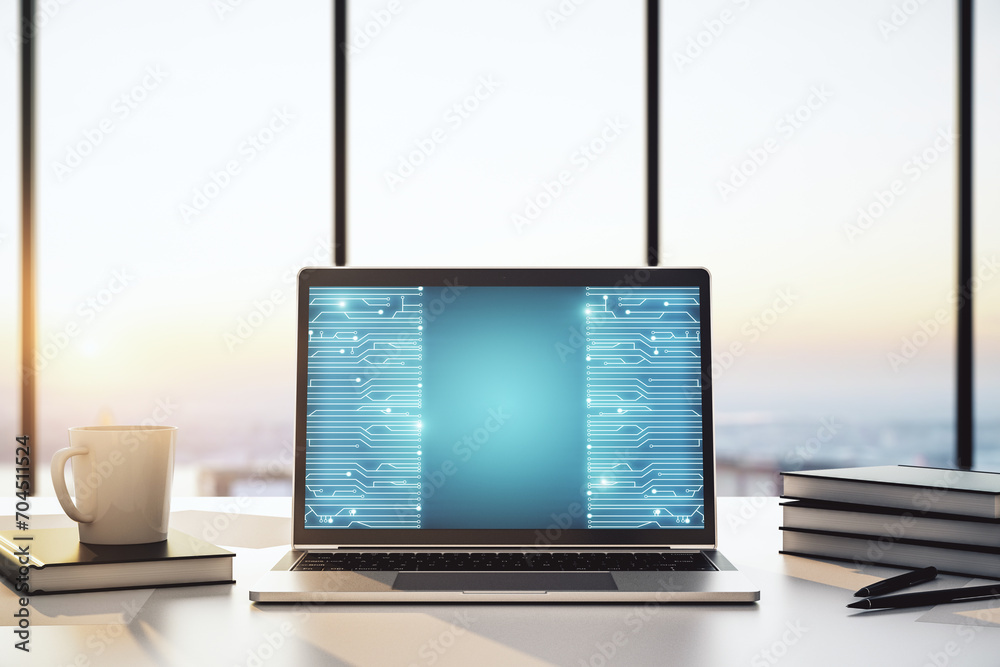 Aufkleber Creative abstract micro chip hologram on modern computer monitor, artificial intelligence and machine learning concept. 3D Rendering