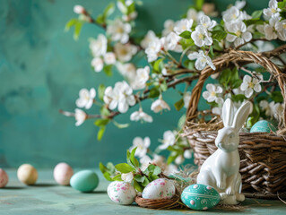 Obraz na płótnie Canvas Happy easter. Wicker basket with Easter eggs, ceramic bunny and branches of a blooming apple tree on a congratulatory turquoise background with copy space