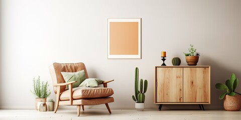 Retro Scandinavian living room with wooden commode, mock up poster frames, design stool, cacti, lamp, clock, book, and personal decor. Template.