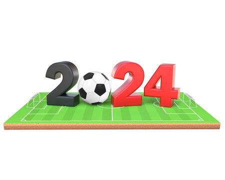 3D Rendering 2024 Text With Soccer Ball On Soccer Field Front View Isolated On Transparent Background, PNG File Add