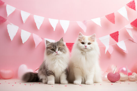 Valentine's Day, Cats in Love, Whiskered friends showcase affection in a charming pet love scene. - Powered by Adobe