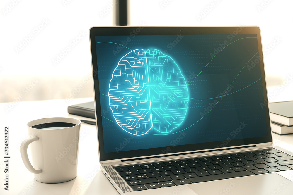 Poster creative artificial intelligence concept with human brain sketch on modern laptop monitor. 3d render