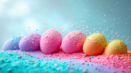 Rainbow using colored eggs, each representing a vibrant color, Easter celebration, generative ai