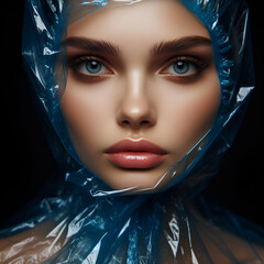 Portrait of Fashion Beauty Girl Woman Model with Nice Eyes and Shiny Lips Dressed in Pliable Liquid Blue Plastic Hoodie Hat Bag Covering Her Hair & Human Head for Rain Water Shower. Futuristic Style.