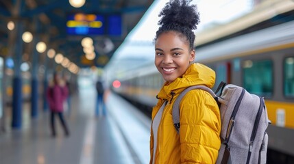 Happy young tourist African American woman with backpack at the modern train station. - obrazy, fototapety, plakaty