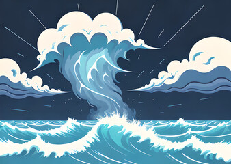 Ocean illustration big ocean wave with sunrise,banner poster,Generative AI