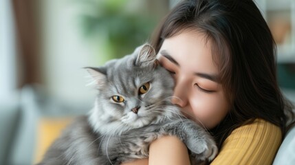 Happy young asian woman hugging cute grey cat in living room at home.