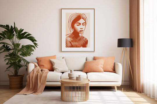 Design a 3D illustration mockup of a poster in a modern living room